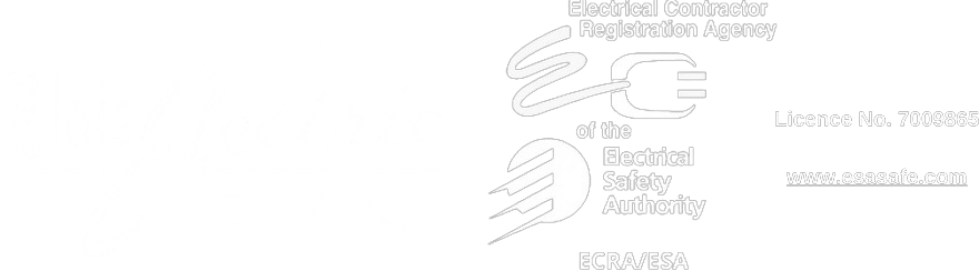 This is a company logo for "Blais Electric," an electrical contractor, alongside a registration seal from the Electrical Safety Authority (ESA) with a licence number and website.
