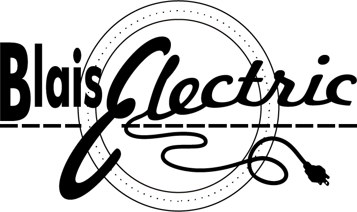 The image displays a logo for "Blais Electric", featuring stylized script inside a circular outline with a power cord and plug graphic element.