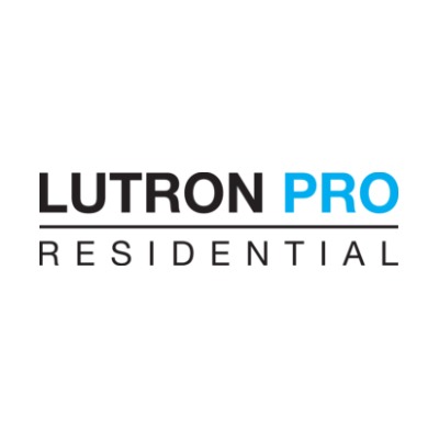 The image shows a logo for "LUTRON PRO RESIDENTIAL" with black and blue text on a white background, signifying a professional brand, possibly related to home automation.
