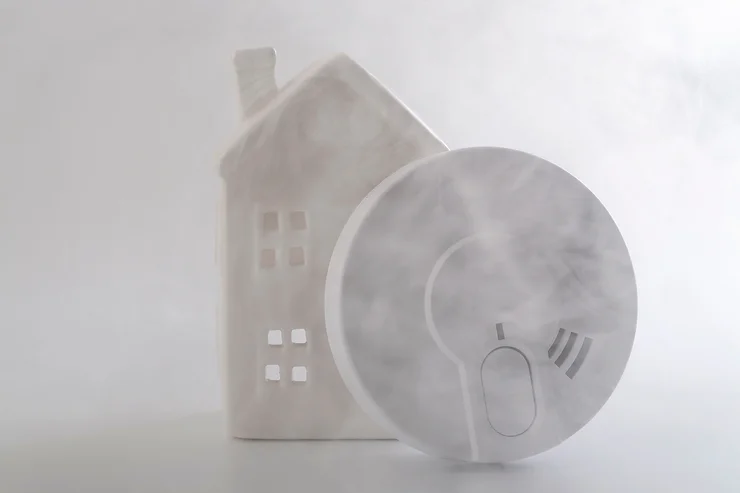 A translucent house model and a smoke detector are depicted in a haze, symbolizing home safety and the importance of fire prevention measures.